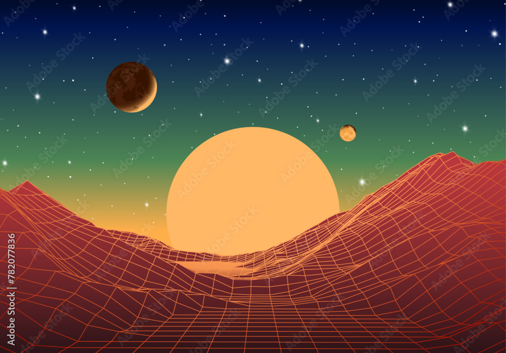 Aufkleber retro futuristic landscape with mountains and sun in deep space. 80s styled synthwve landscape with 