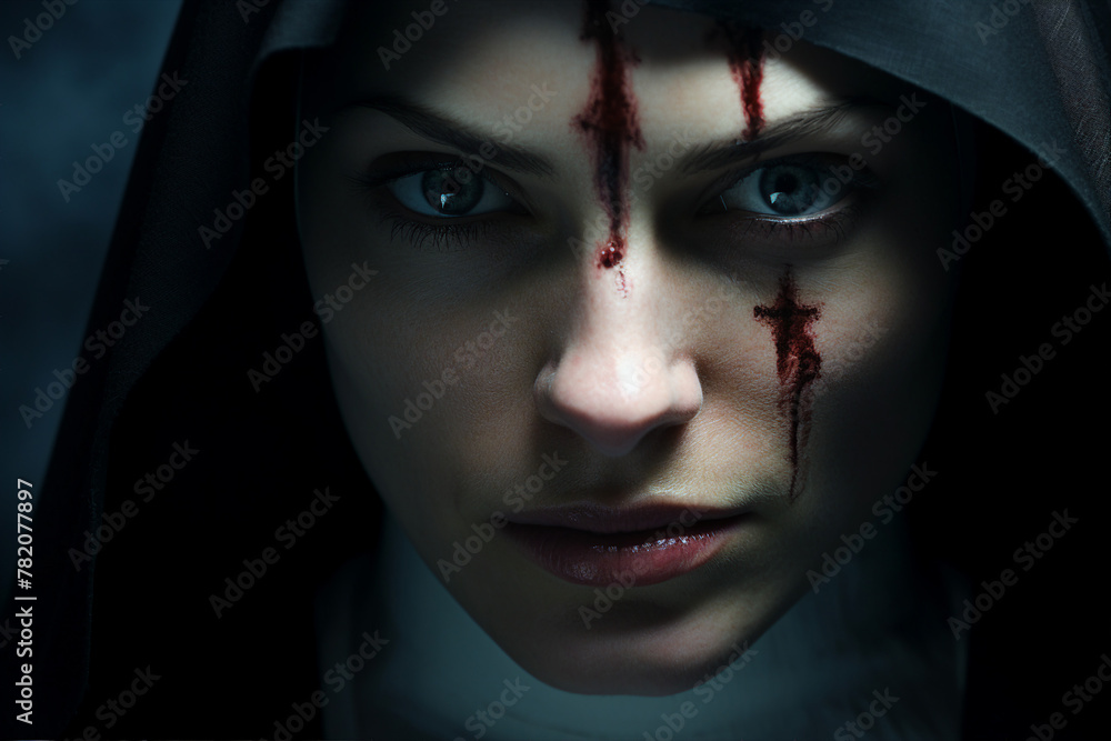 Wall mural Mysterious religious person nun priest in church robe serious face expression Generative AI illustration - Wall murals