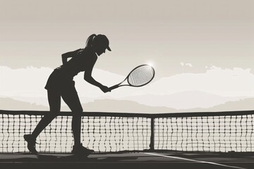 silhouette of a tennis player is on the court