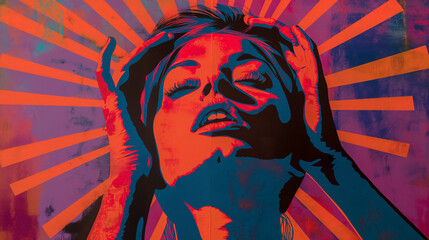 Pop art-inspired digital artwork with a woman's face in distress, featuring vibrant colors and bold lines.