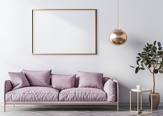 A mockup of an empty blank poster frame in the center, on white wall with light purple sofa and side table on the right, golden pendant hanging from ceiling, minimal interior design style