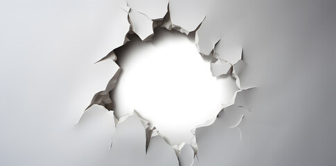 White wall with a large hole with torn edges background. Large torn hole in the center of the white background