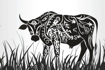 silhouette of an Indian cow in the grass