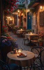 Obraz premium Coffee Shop, Bossa Nova style, cute tables outside, cobblestone road, flowers, daytime, cinematic lighting, moody, realism