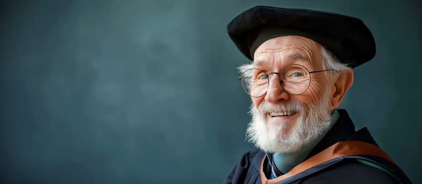 Elderly professor in academic regalia smiling warmly, exuding wisdom and a lifetime of knowledge.