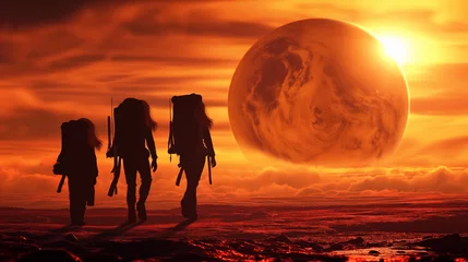 Poster Three astronauts exploring a foreign, rocky landscape under a large alien moon and a warm sunset. © RISHAD