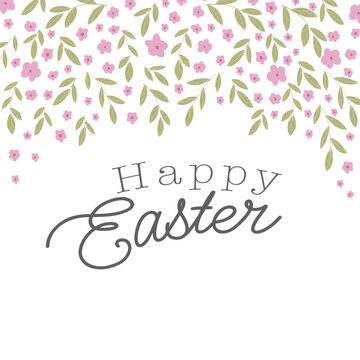Hand drawn vector Happy Easter title. Vintage poster with blooming flowers. Retro stilization. Isolated holiday design element for postcard.