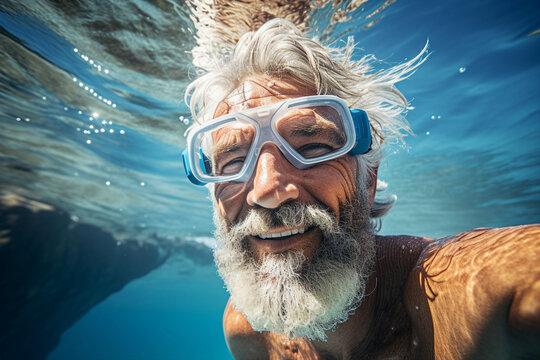 AI generated image of professional diver swimming underwater with fish and corals