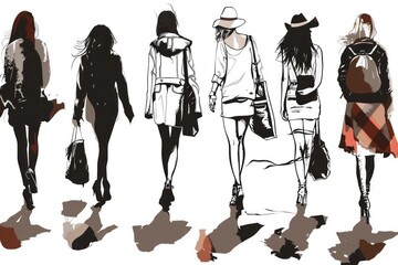 various lines draw of different woman walking on the street