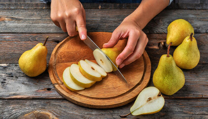 Close-up of two hands of a woman while cutting a pear into thin slices on a wooden cutting board view from above. On top of an old wooden table with some ripe pears. Generative Ai. - obrazy, fototapety, plakaty