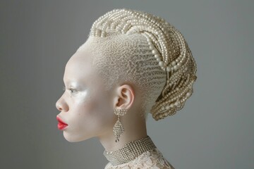 Elegant African woman with white hair and pearls in stylish updo hairstyle for beauty and fashion concept
