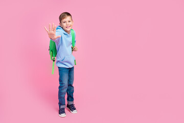 Full body photo of friendly positive boy hand wave hi give high five empty space isolated on pink...
