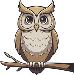 brown owl sitting on branch vintage illustration isolated on transparent background