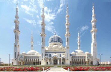Fototapeta na wymiar large white mosque against a vibrant blue sky. The facade stands out against the natural elements