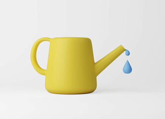 Watering can and water drop. Gardening tools, agricultural implement.3d render icon. Cartoon minimal style.