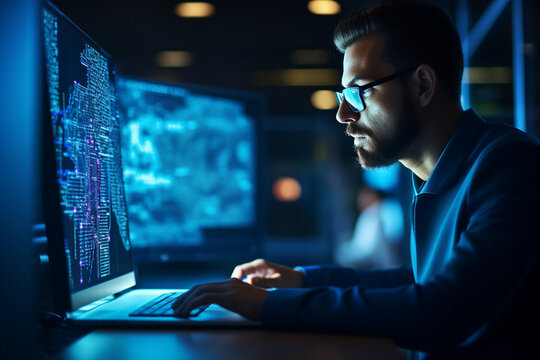 Hard working person in modern interior office programming writing web java script code AI technology generation