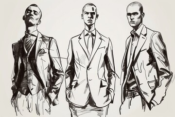 three drawings of men who are dressed up