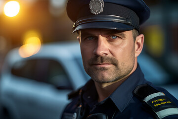 Obraz premium Fictional person Police man woman made with Ai generative technology serious face expression