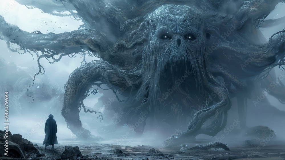 Poster a man standing in front of a large tree with an evil face, ai