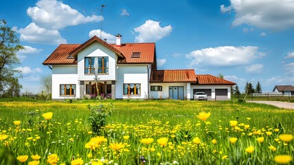 Fototapeta na wymiar A large house with a white roof and red tiles sits in a field of yellow flowers