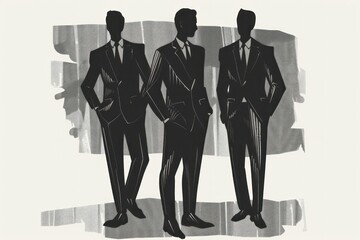 three drawings of men who are dressed up