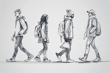 several sketches of people walking along