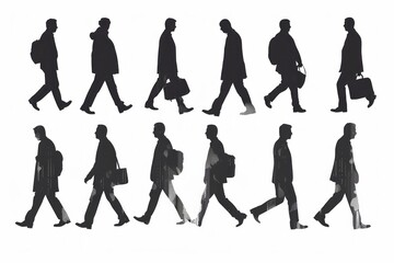 set of silhouettes and poses of businessmen going down the street