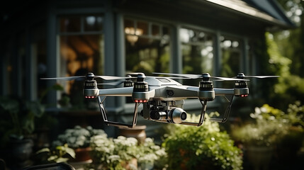 Modern drone hovers in home garden ai generated closeup image