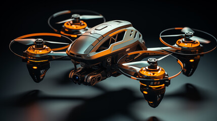 Futuristic drone with metallic body and orange lighting ai generated closeup image - Powered by Adobe