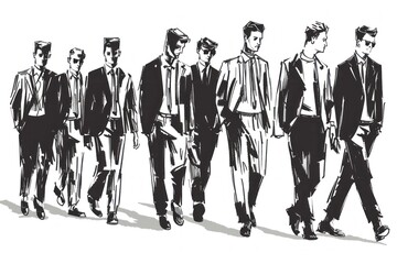 black and white drawing of men in suits