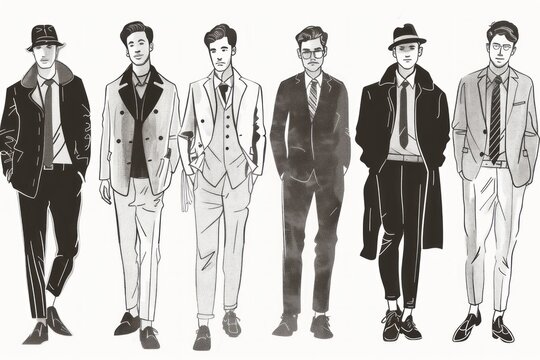 black and white drawing of men in suits