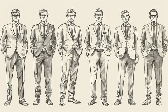 black and white drawing of men in suits