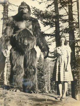Old vintage aged mystery photograph of a lady standing with a giant bigfoot cryptid sasquatch creature in the forest