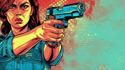 Vector illustration of female police officer holding a gun. Comic book.