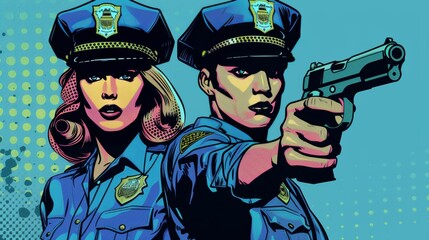 Vector illustration of male and female police officers with guns. Comic book.