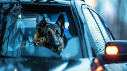 Portrait of a police dog on duty in a police car in a large city