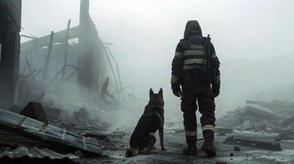 Firefighter searching in building ruin for survivors with the help of rescue dog
