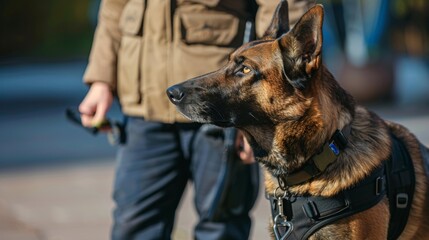 Police dog on duty patrol with a police officer in a large city street