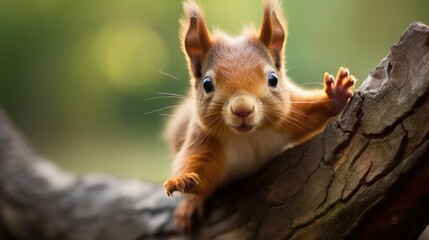 Adorable red squirrel on a tree trunk, reaching her claws excitedly for what she wants most.