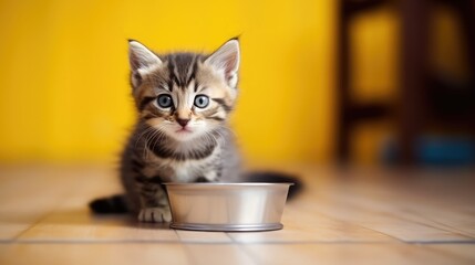 Obraz premium A small striped kitten eats cat food from a yellow bowl. Plastic plate. Breakfast of a cat. Wooden background.