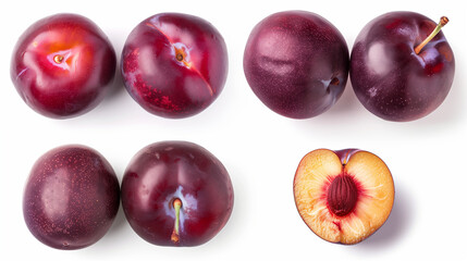Top view of a set of fresh plums isolated on a white background, featuring a variety of whole and sliced plums that reveal the juicy interior and stone. This composition showcases the deep purple 