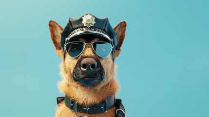A dog in police uniform over plain background
