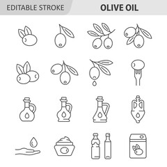 Olive oil line icon set. Vector collection with olive branch, glass bottle, fork, cream. Editable stroke.