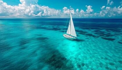 Sailboat glides on turquoise water under blue skies