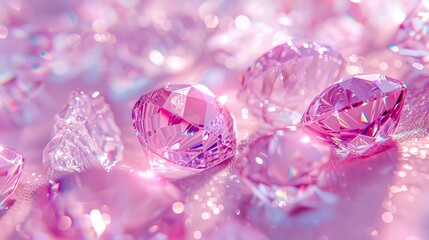 A scene of cascading pink gemstones with iridescent luminescence, set against a backdrop of soft hues