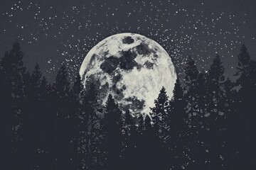illustration of an abstract moon in the night in a forest surrounded by trees