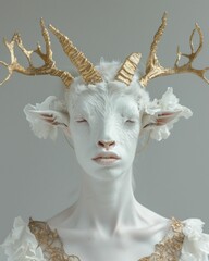 Fantasy woman with gold horns wearing white dress in mystical setting for creative design inspiration