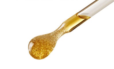 a drop of golden oil dripping from a pipette, on a white background