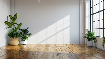 Empty room of modern contemporary loft with plants on wooden floor