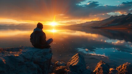 A person sitting on a rock looking at the sun setting, AI